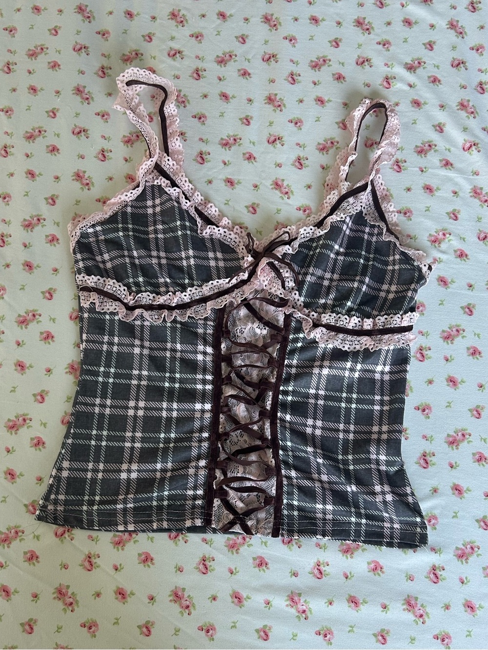 Plaid Lace-Trim Cami Top in Dark Gray and Light and Pink